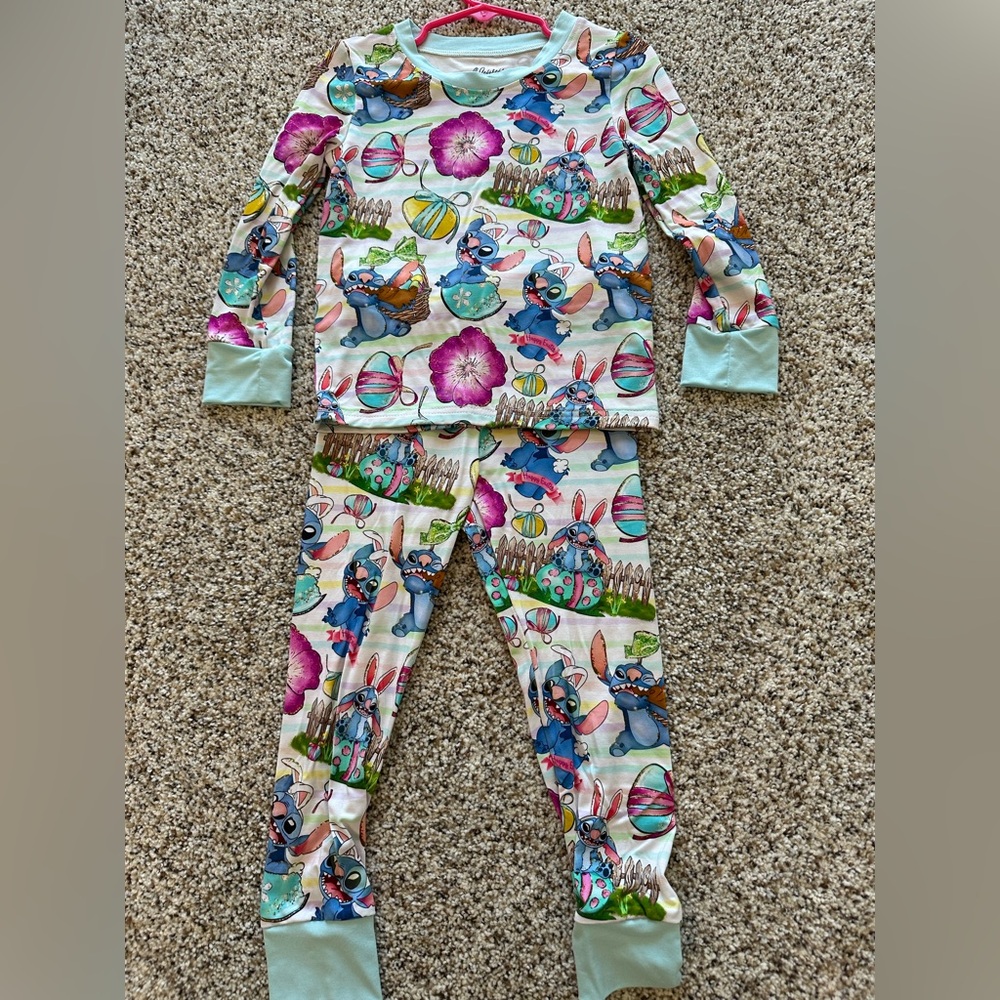 Kids Stitch, Bunny & Floral Bamboo Pajama Set in Blue, Pink & Green - Branded